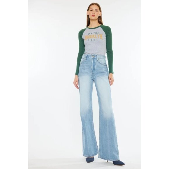 KanCan Juniors Janna High Rise 90's Flare Denim Blue Jeans Size 15/31 Button Fly - Picture 3 of 14